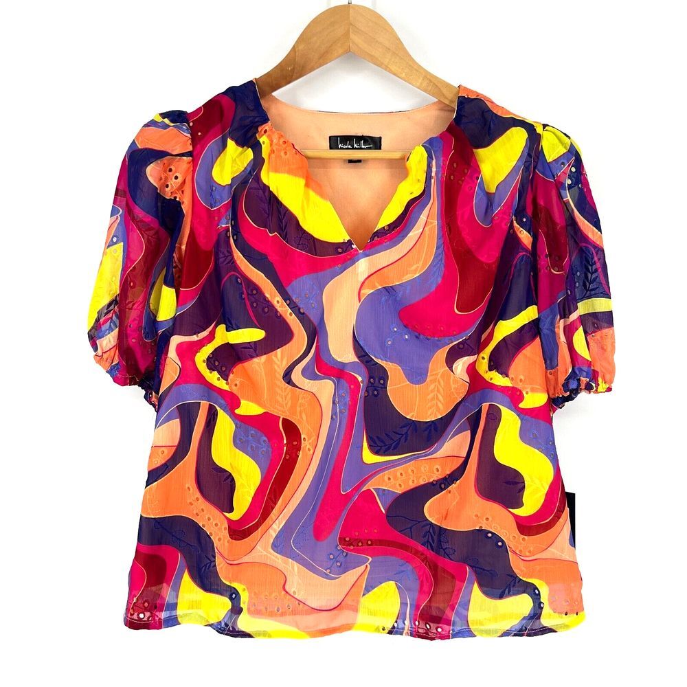 NICOLE MILLER Blouse Top Womens Size S Short Puff Sleeve Psychedelic Print NWT